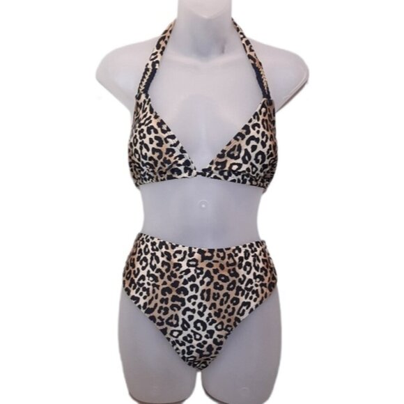 Rampage Leopard String Bikini Set Halter Triangle High Waist Gold Womens Size XL - Picture 1 of 16